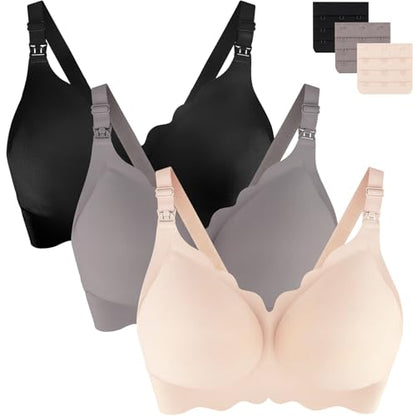 UHdod Nursing Bras for Breastfeeding, Seamless Wireless Maternity Bra - color: Black + Nude + Grey, size: Medium