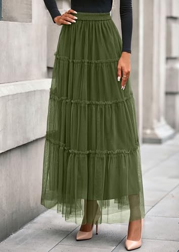 PRETTYGARDEN Women's Fall Soft Tulle Tiered Long Skirt - color: Army Green, size: Small