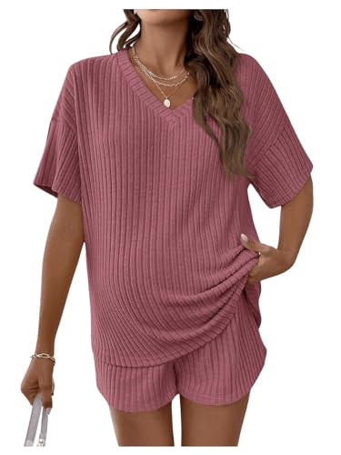 MakeMeChic Women's Maternity 2 Piece Sets Ribbed Shirt and Biker Shorts - color: Rusty Rose, size: Medium