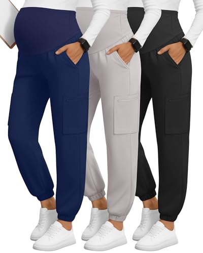 3 Pack Maternity Scrub Cargo Jogger Pants - color: Black, Light Gray, Navy Blue, size: Small