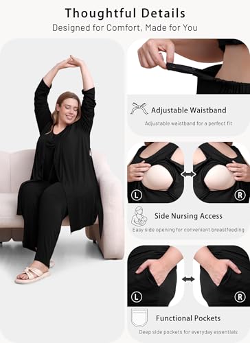 Rnxrbb 4 PCS Hospital&Home Nursing Pajamas Robe Set Maternity Postpartum Pj - color: Black, size: Medium