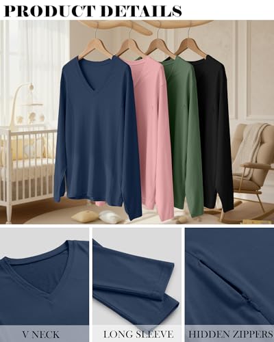 4 Pack Women's Long Sleeve Nursing Maternity Shirts - color: Black, Apple Green, Soft Pink, Haze Blue, size: Small