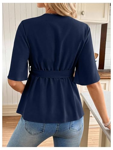 MakeMeChic Women's Maternity Nursing Blouse Wrap Belted Pregnancy Shirt - color: Dark Blue, size: Medium