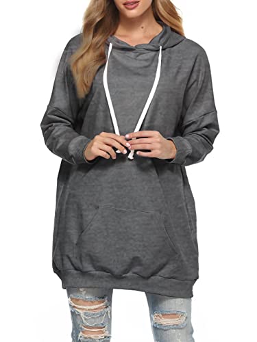 Famulily Womens Oversized Hoodie Extra Long Hooded Tunic Sweatshirt with Pockets - color: Dark Grey, size: X-Large