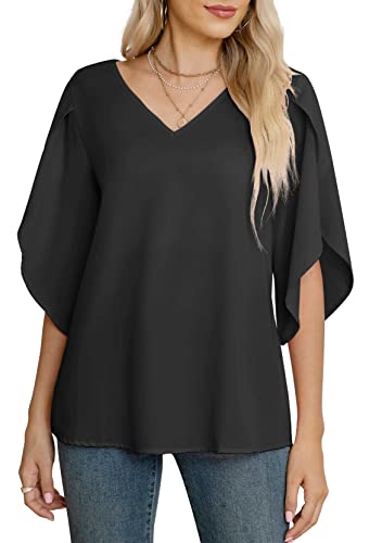 Jouica Women's 3/4 Ruffled Sleeve Blouses Summer Chiffon Casual Loose Tops - color: 01black, size: Small