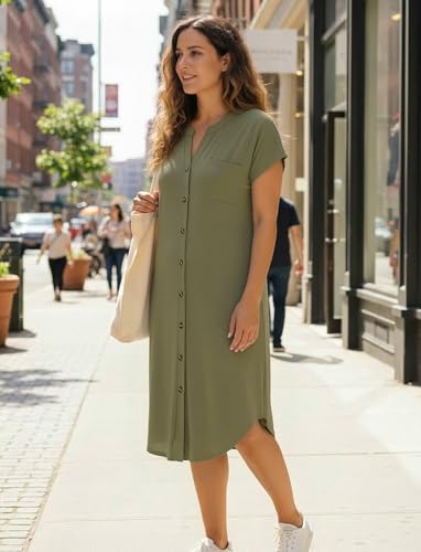 PATPAT Maternity Nursing Dress, Womens Button-Down Midi Dress with Pockets - color: Olive Green, size: X-Large