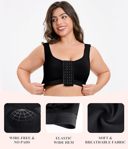 CYDREAM Wireless Front Closure Bra for Women Compression Back Smoothing Post Surgery Bra Adjustable Straps - color: Black, size: 3X-Large