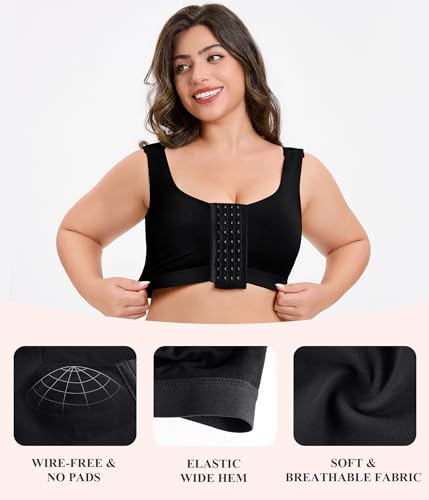 CYDREAM Wireless Front Closure Bra for Women Compression Back Smoothing Post Surgery Bra Adjustable Straps - color: Black, size: 3X-Large