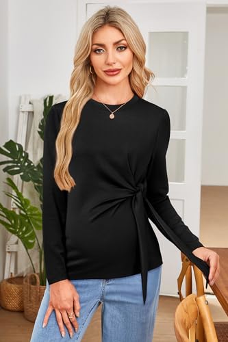 OUGES Women's Bow Tie Waist Maternity Shirts Long Sleeve Pregnancy Tops Crew Neck Fall Winter Elegant Business Blouse - color: Black, size: Small
