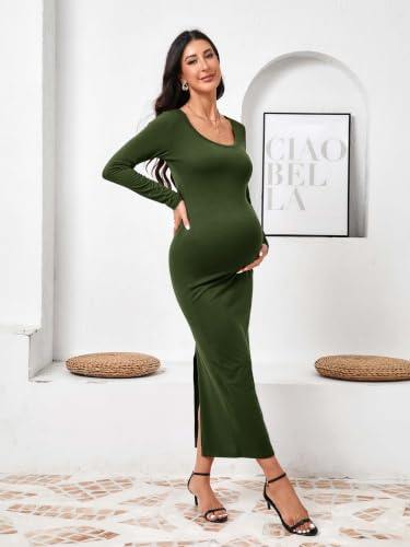 Yousify Womens Maternity Maxi Dress Long Sleeve Slim Fit Pregnancy Clothes - color: Army Green, size: Medium