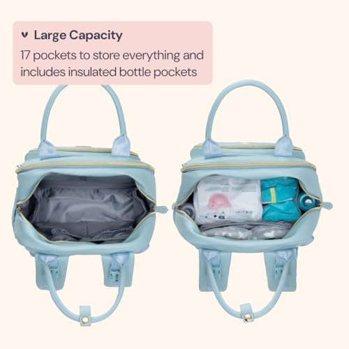 BabbleRoo Leather Diaper Bag Backpack - Baby Essentials Travel Baby Bag, Multi function, Water Resistant, with Changing Pad, Stroller Straps & Pacifier Case – Unisex, Powder Blue - color: Vegan Leather Powder Blue, size: Large