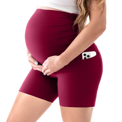 Walifrey Maternity Shorts with Pockets Over the Belly - color: Burgundy, size: X-Large