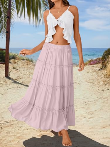 Trendy Queen Maxi Skirts for Women Boho Skirt with Pockets Summer Outfits - color: Pink, size: Small