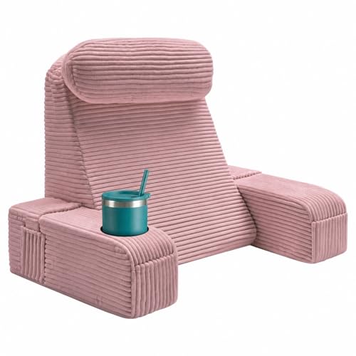Reading Pillow for Adults, Back Pillow for Bed Sitting Up, Backrest Pillow for Sitting in Bed, Detachable Arms with Built-in Cup & Phone Caddy (Dusty Pink-Corduroy, 19 INCH) - color: Dusty Pink-corduroy, size: 19 INCH