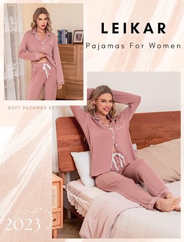 Leikar Button Up Pajamas For Women Long Sleeve Viscose Soft Pjs Lounge - color: Brick Red, size: Medium