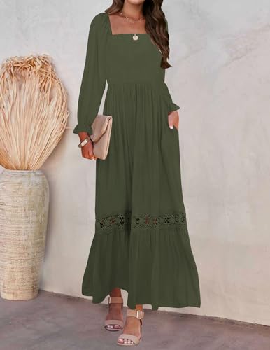 ZESICA Women's 2026 Boho Long Sleeve Fall Maxi Dress - color: Army Green, size: Large