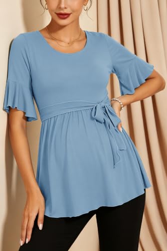 Women's Ruffle Maternity Tops Short Sleeve Wrap Tie Front Shirts Pregnancy Clothes - color: Light Blue, size: Large