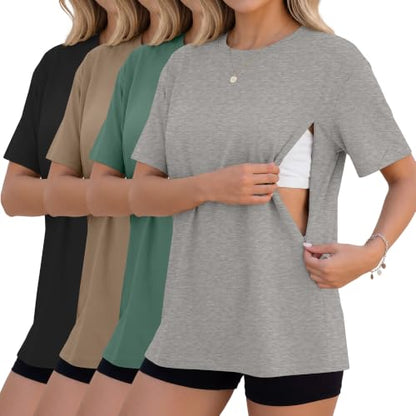 4 Pack Nursing Breastfeeding Shirts - color: Light Gray, Light Green, Khaki, Black, size: Medium