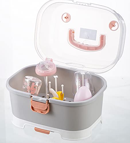 Baby Bottle Drying Rack Storage, Large Nursing Bottle Storage Box Organizer with Cover, Portable Kitchen Cabinet Organizer, Easy to Clean Drainer, Grey - color: Gray