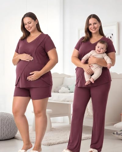 Rnxrbb 3 PCS Women Nursing Pajamas Set Postpartum Maternity Pj with Pockets - color: Deep Purple, size: XX-Large