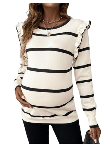 BEAUDRM Women's Maternity Sweater Striped Pattern Round Neck Long Sleeve Ruffle Tops - color: Black and White, size: Medium