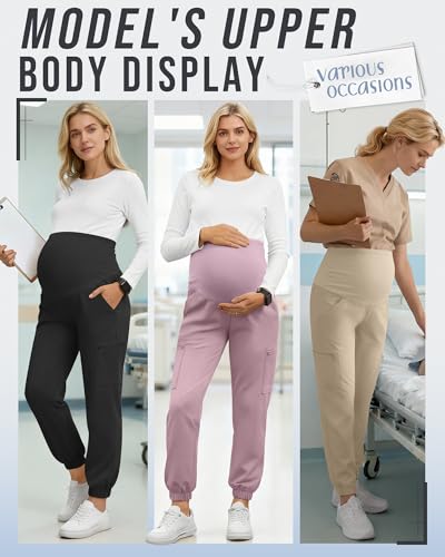 3 Pack Maternity Scrub Cargo Jogger Pants - color: Black, Dusty Purple, Apricot, size: X-Large