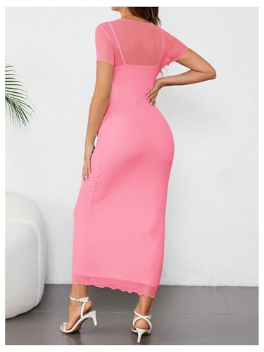 OYOANGLE Women's Maternity Sheer Short Sleeve Bodycon Dresses - color: Pink, size: Large