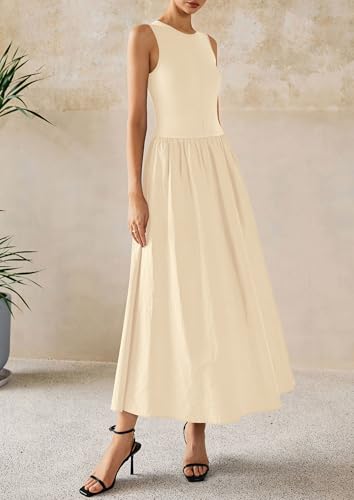 PRETTYGARDEN Pleated Maxi Dresses for Women with Pockets - color: Beige, size: Small