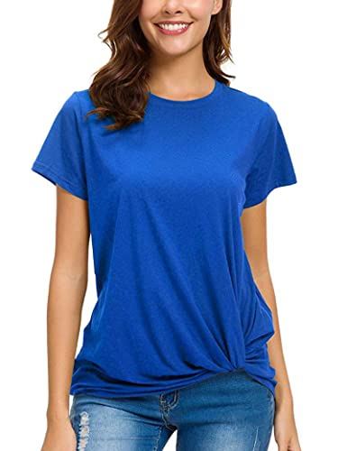 LUSMAY Womens Short Sleeve Loose Twist Knot Front T Shirts Cotton Casual Blouse - color: Bright Blue, size: Medium