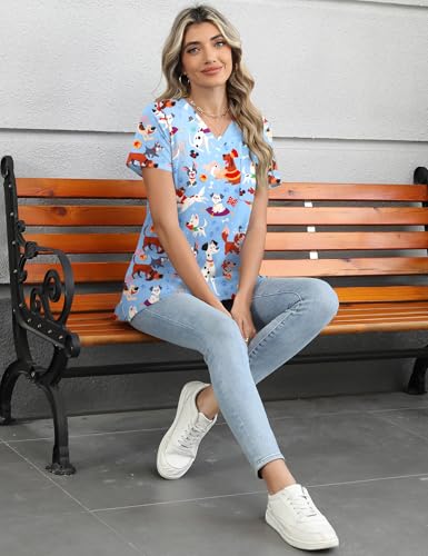 LOMON Women's V Neck Printed Scrub Top with 3 Pockets - color: Cute Dogs, size: Large