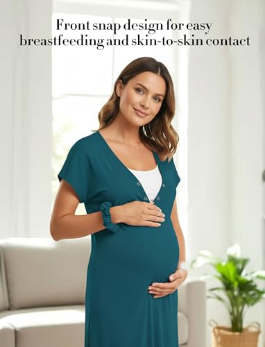 PATPAT Maternity Labor and Delivery Gown, Womens Hospital Gown with Pockets - color: Teal, size: Medium (Fit S/M)