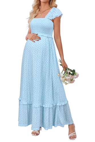 OUGES Women's Ruffle Sleeve Summer Baby Shower Maternity Photoshoot Dress - color: Light Blue Yellow Floral, size: Small