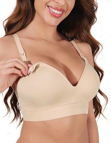 AIRCUTE Nursing Bras for Breastfeeding Seamless Postpartum Bra Soft Pregnancy Bra Wireless Maternity Bralette - color: Beige, size: Medium