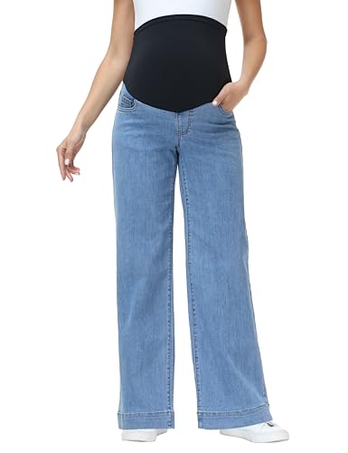 Foucome Maternity Jeans Wide Leg Trendy Pregnancy Denim Pants - color: Blue, size: Large