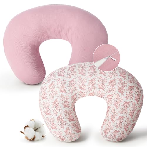 FUNUPUP Muslin Nursing Pillow Cover Replacement, Pink & Pink Leaves - color: Pink&pink Leaves