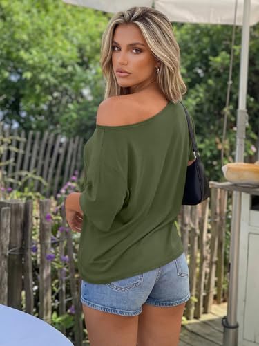 Trendy Queen Womens Off the Shoulder Tops Oversized Summer T-Shirts 2026 - color: Armygreen, size: Small