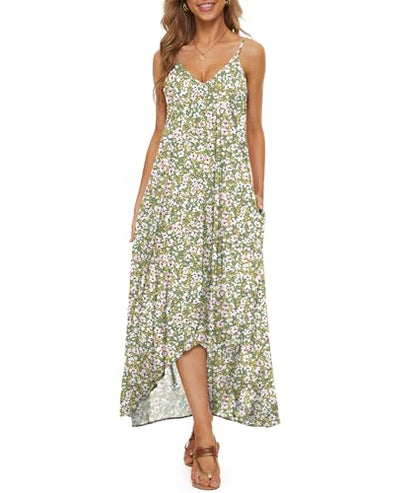 LILBETTER Women V-Neck Polka Dot Print Spaghetti Strap Boho Long Maxi Dresses - color: F Lily Green, size: Medium