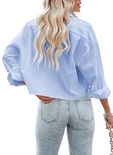 LAYOGAS Womens Crop Button Down Shirts Casual Long Sleeve Lapel Blouse - color: 03-light Blue, size: Small