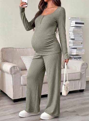 BLENCOT Maternity Clothes Ribbed Long Sleeve Sets Button 2 Piece Outfits - color: Green, size: Large