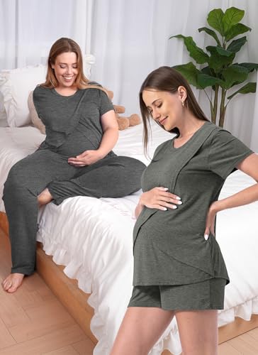 Rnxrbb 3 Piece Postpartum Nursing Pajamas Set Maternity Breastfeeding Pjs - color: Deep Gray, size: Small