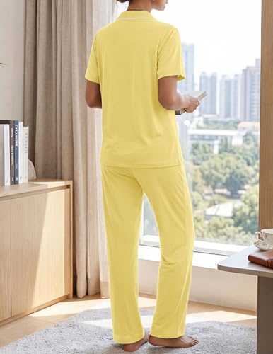 Womens Pajamas Sets 2 Piece Button Up Pj Sets Short Sleeve with Long Pant - color: Yellow, size: Medium