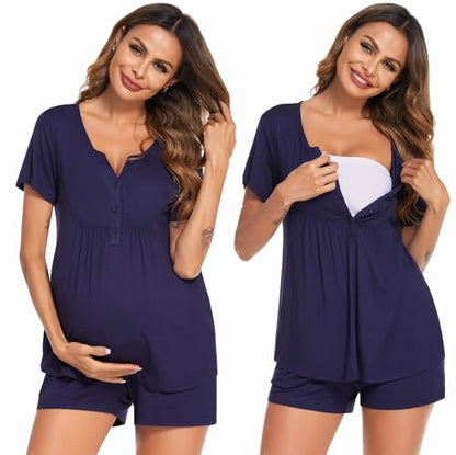Ekouaer Women Maternity Nursing Pajama Sets Short Sleeve Postpartum Pajamas - color: Blue, size: Large