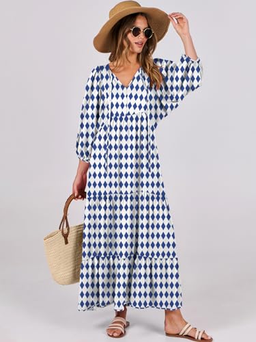 ANRABESS Womens Boho Floral 3/4 Puff Sleeve Maxi Dress - color: Blue, size: X-Large