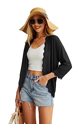 GRECERELLE Women's 3/4 Sleeve Summer Lightweight Knit Cardigan Sweater - color: 01-solid-black, size: X-Large