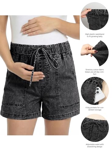 BLENCOT Maternity Jeans Shorts High Rise Stretchy Drawstring Postpartum - color: Black, size: XX-Large