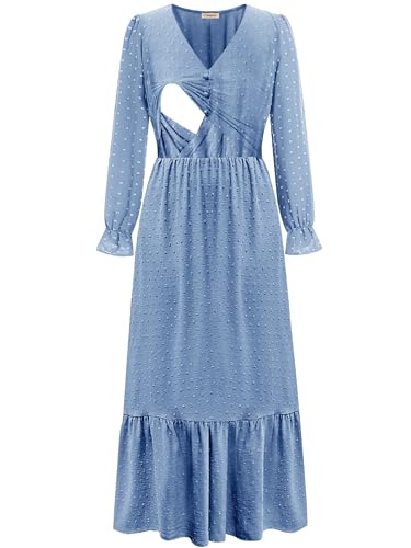 CzzzyL Women Nursing Boho Maxi Dress Swiss Dot Smocked with Pockets - color: S-lightblue, size: Medium
