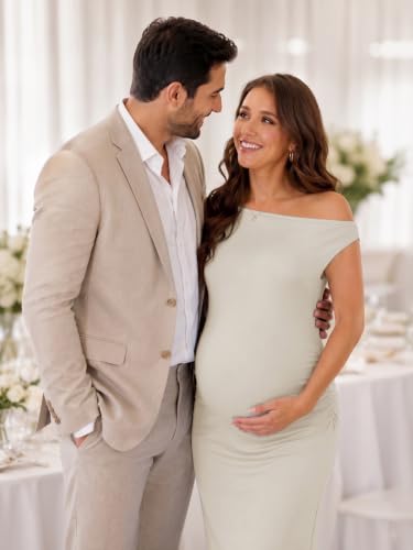 guruixu One Shoulder Maternity Wedding Guest Dress, Summer Bodycon Maxi - color: Apricot, size: Large