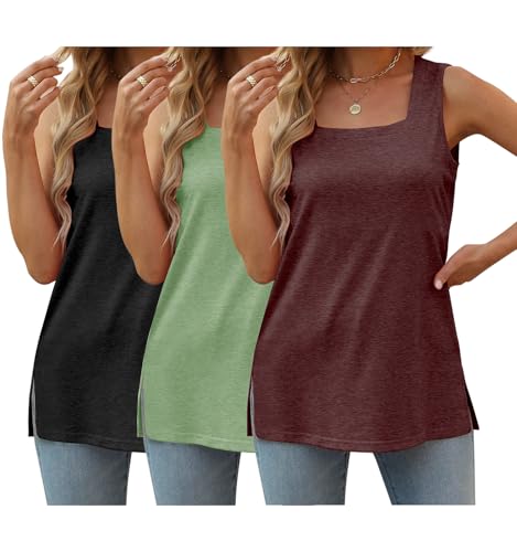 3 Pack Women Plus Size Tank Tops Basic Square Neck Sleeveless Tees - color: Black Redwood Lightgreen, size: XX-Large Plus