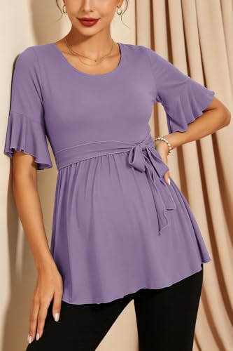 Women's Ruffle Maternity Tops Short Sleeve Wrap Tie Front Shirts Pregnancy Clothes - color: Purple, size: Medium