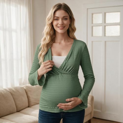 OUGES Women's Maternity Shirts Long Bell Sleeve Casual V Neck Tops Fall Fashion Textured Pregnancy Blouse - color: Gray Green, size: Large
